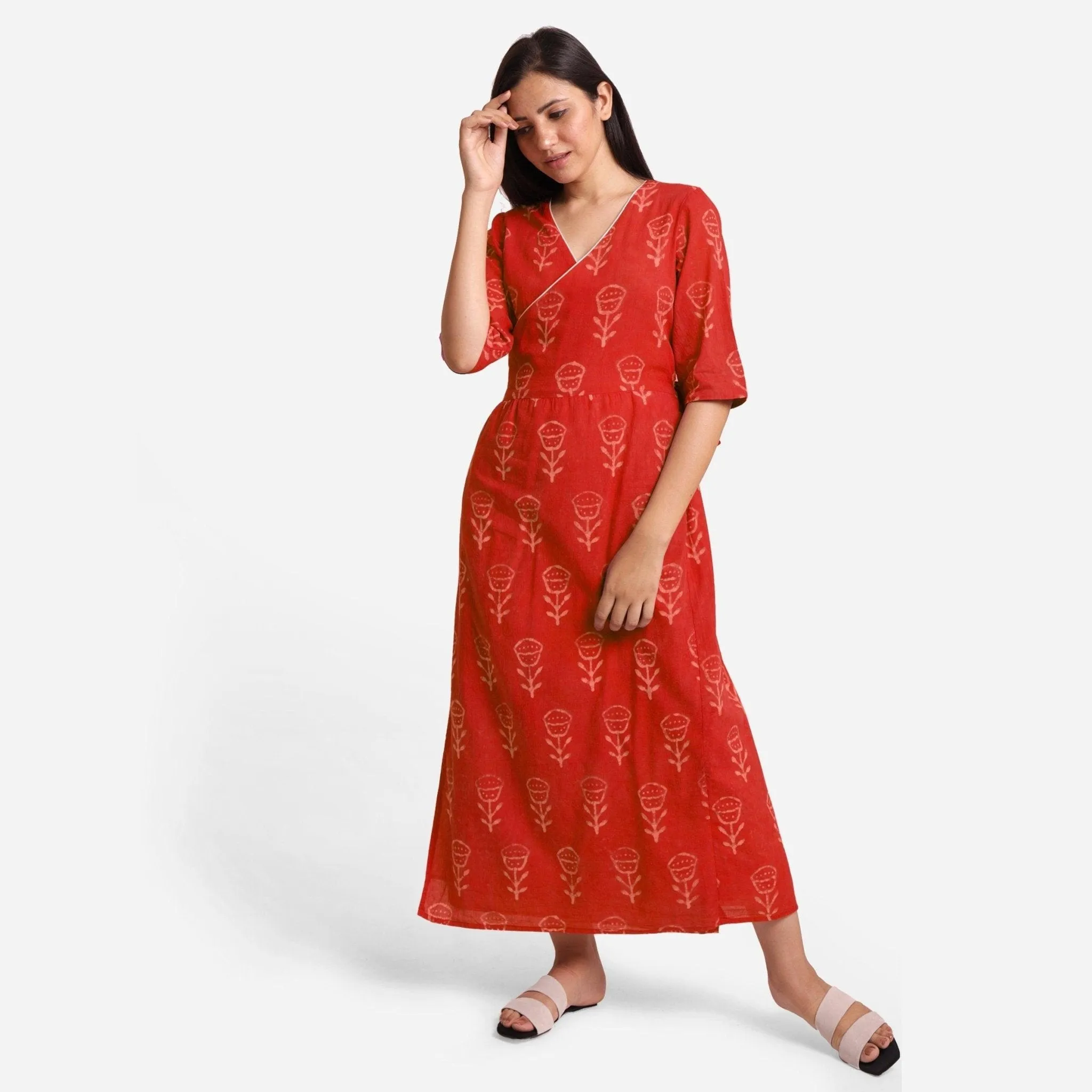 Sunset Orange Dabu Block Print Cotton Wrap Maxi Dress