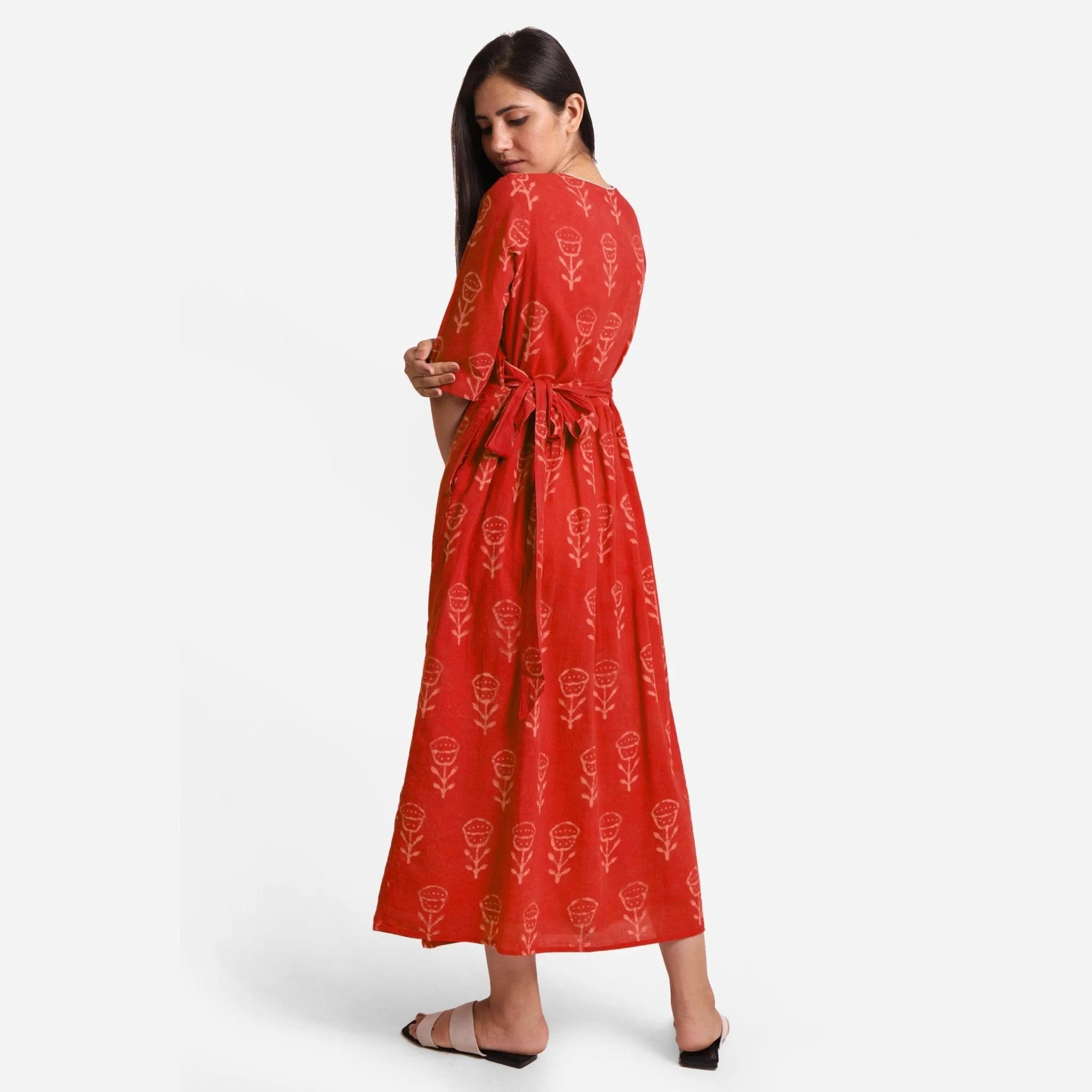 Sunset Orange Dabu Block Print Cotton Wrap Maxi Dress
