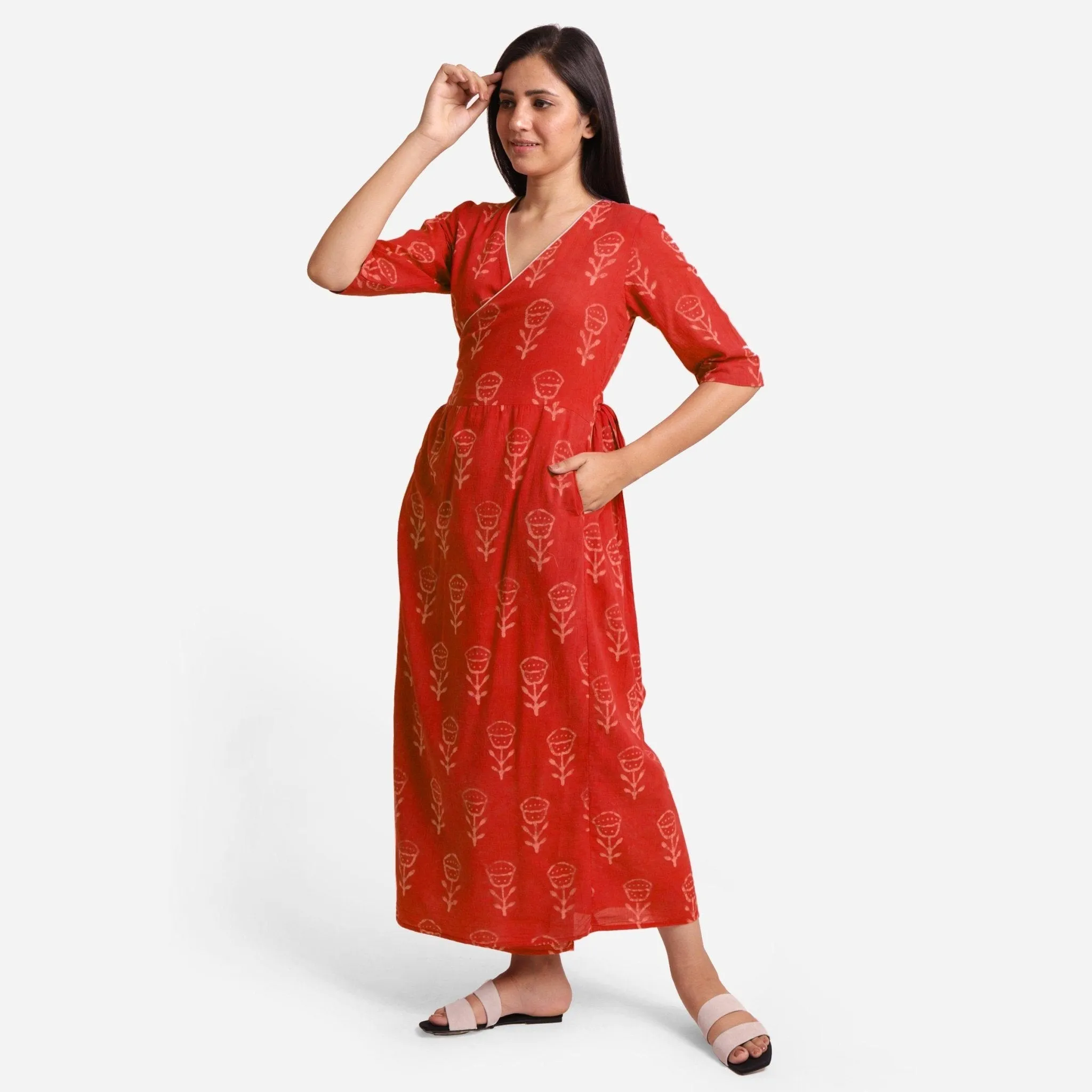 Sunset Orange Dabu Block Print Cotton Wrap Maxi Dress