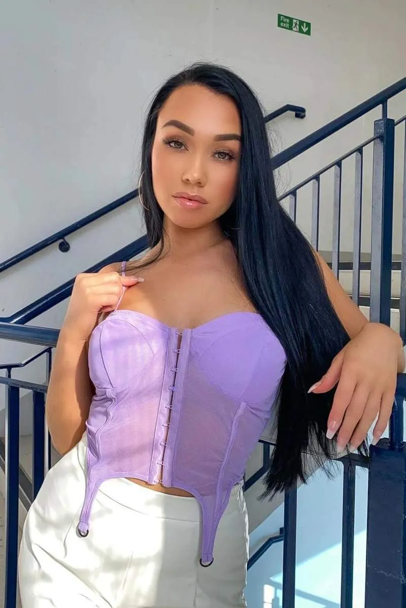 Suspender Detail Hook And Eye Mesh Top - Lilac