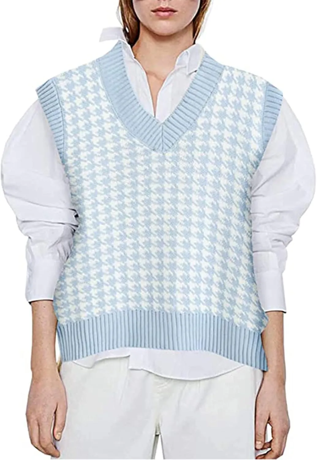 Sweater Vest for Women Plaid Knit Sleeveless V Neck Top Checkered Sweaters Oversized Y2k Cropped Pullover Tank Tops