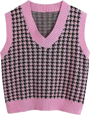 Sweater Vest for Women Plaid Knit Sleeveless V Neck Top Checkered Sweaters Oversized Y2k Cropped Pullover Tank Tops
