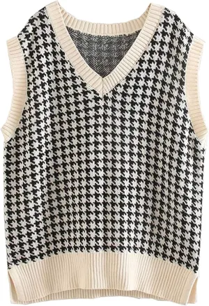 Sweater Vest for Women Plaid Knit Sleeveless V Neck Top Checkered Sweaters Oversized Y2k Cropped Pullover Tank Tops