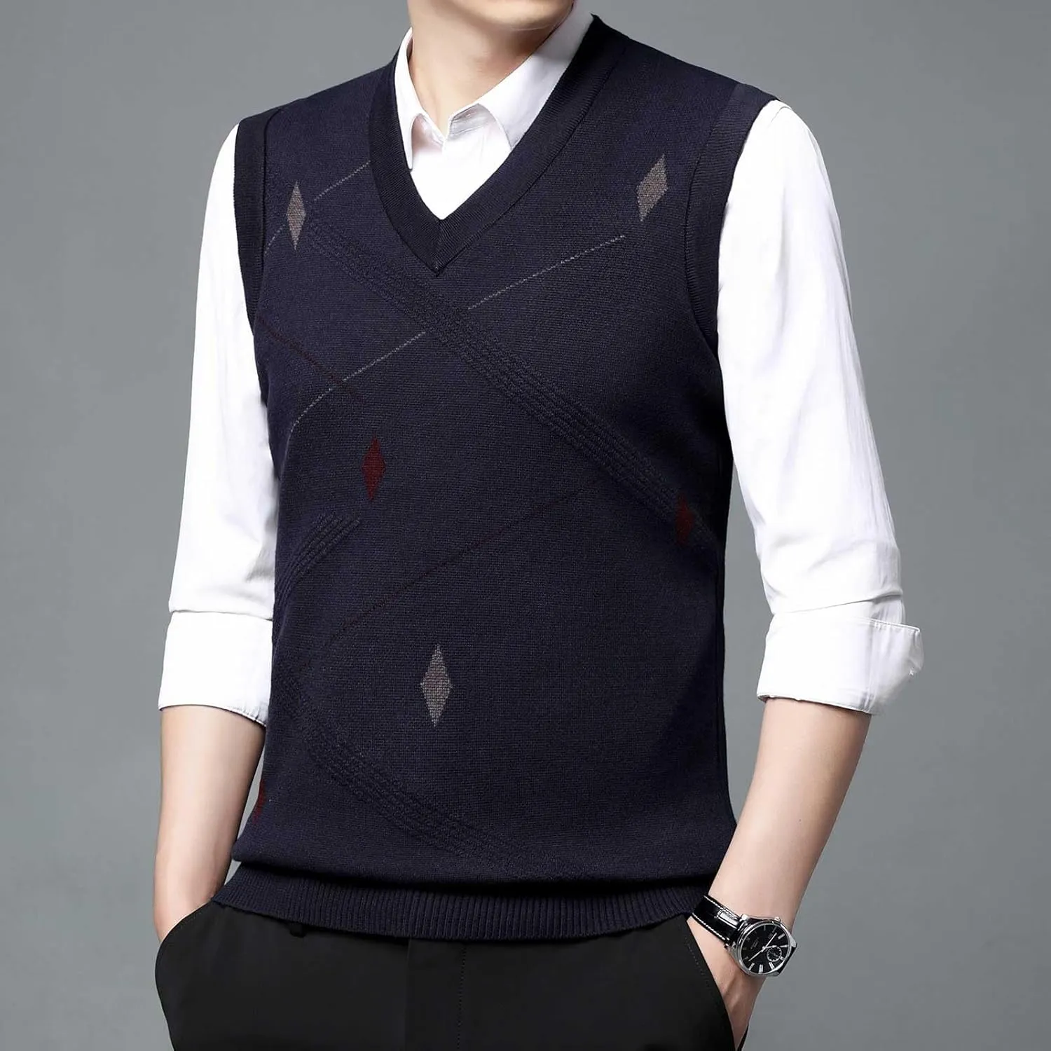 Sweater Vests for Men Business Casual Printed Knitted Sweaters Classic V-Neck Pullover Sleeveless Slim Fit Sweaters