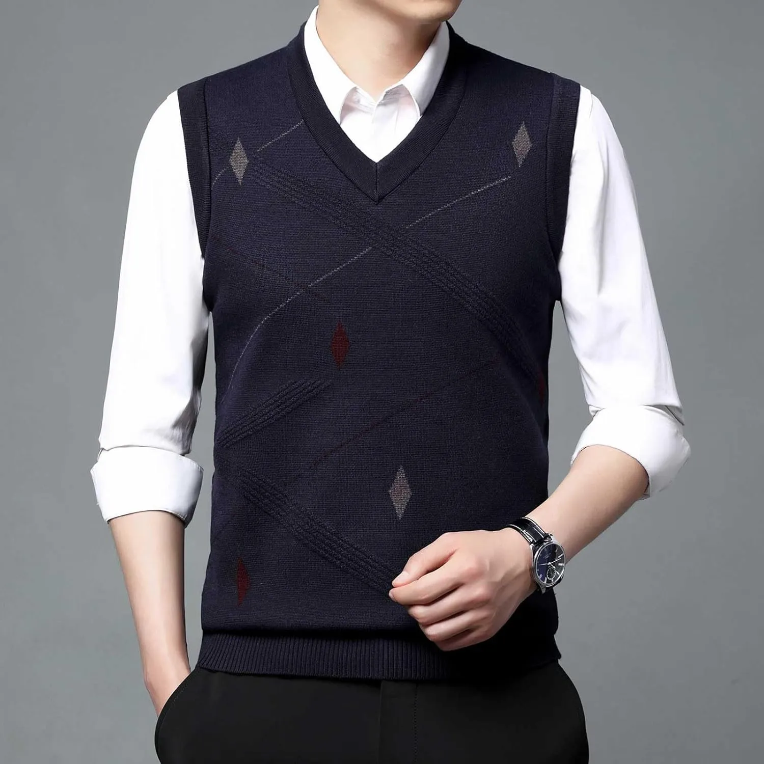 Sweater Vests for Men Business Casual Printed Knitted Sweaters Classic V-Neck Pullover Sleeveless Slim Fit Sweaters