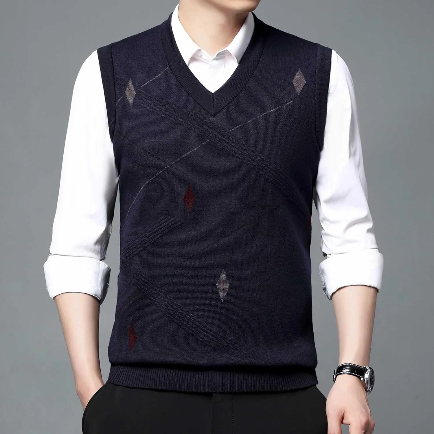 Sweater Vests for Men Business Casual Printed Knitted Sweaters Classic V-Neck Pullover Sleeveless Slim Fit Sweaters