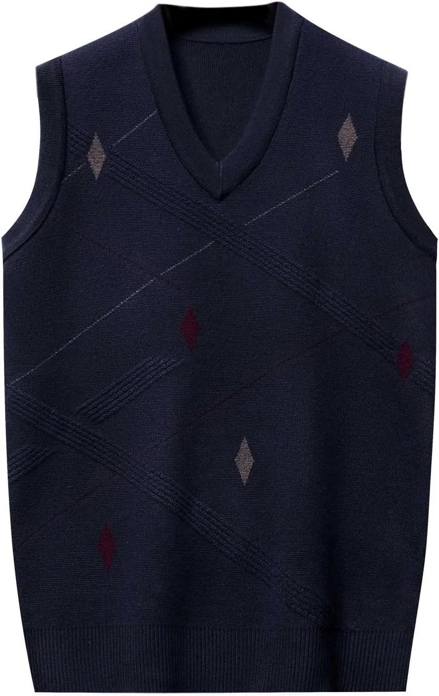 Sweater Vests for Men Business Casual Printed Knitted Sweaters Classic V-Neck Pullover Sleeveless Slim Fit Sweaters