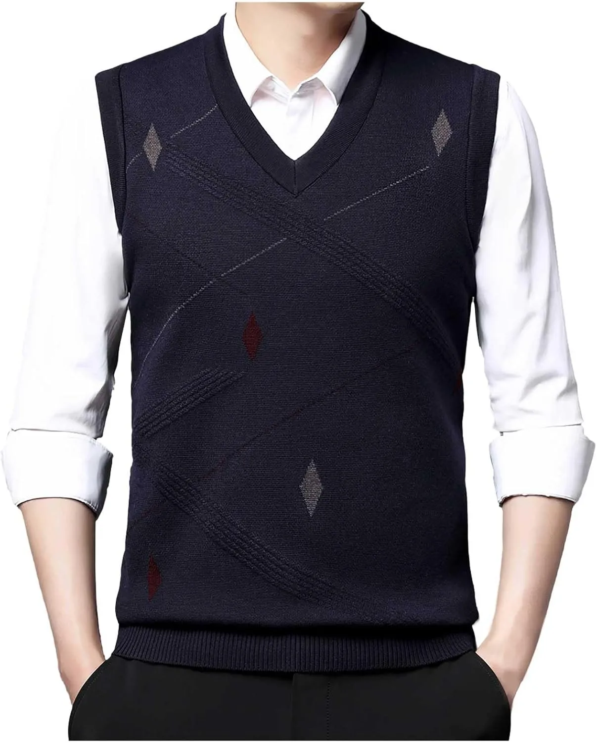 Sweater Vests for Men Business Casual Printed Knitted Sweaters Classic V-Neck Pullover Sleeveless Slim Fit Sweaters