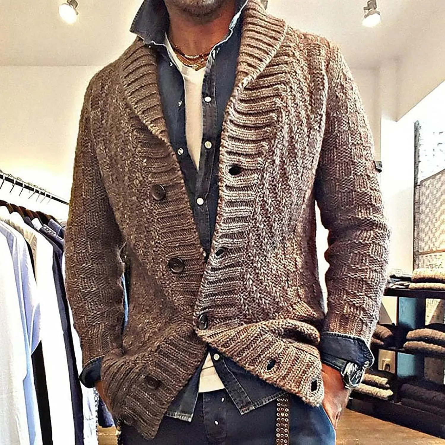 Sweaters for Men Mens Winter Shawl Collar Open Front Button Down Cardigan Long Sleeve Sweaters Coat