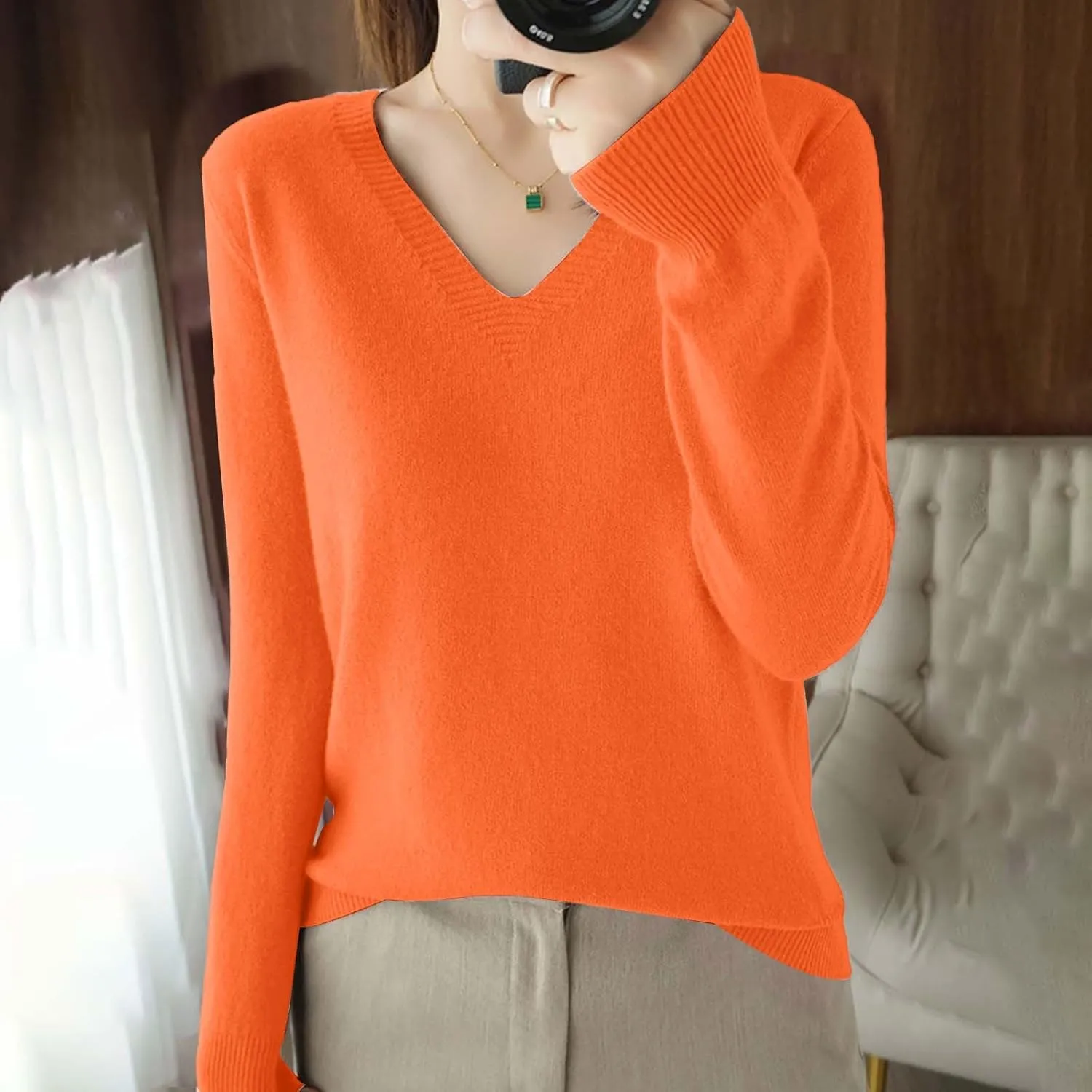 Sweaters for Women Cable Knit Long Sleeve Pullover V Neck Shirt Sweatshirt Slim Fitted Undershirt Fall Casual Top