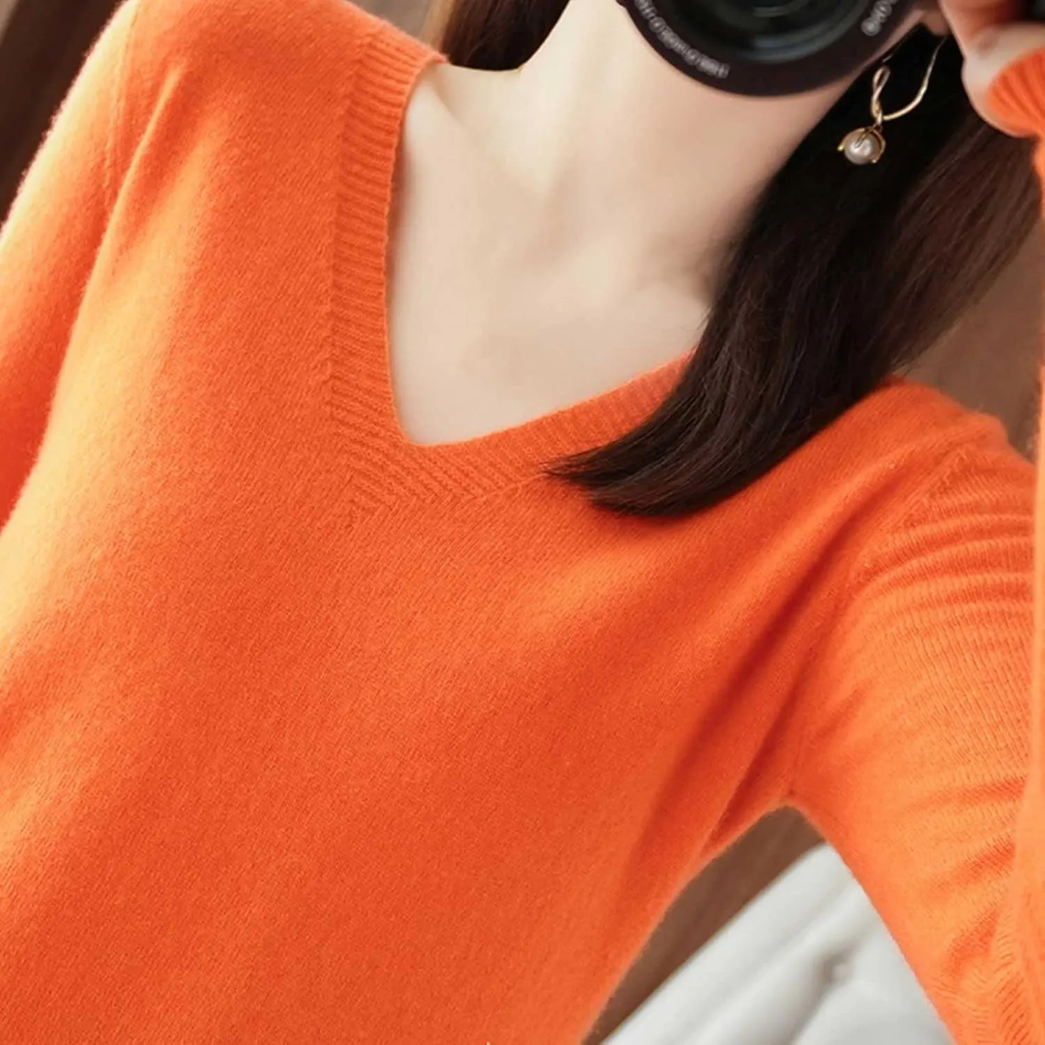Sweaters for Women Cable Knit Long Sleeve Pullover V Neck Shirt Sweatshirt Slim Fitted Undershirt Fall Casual Top