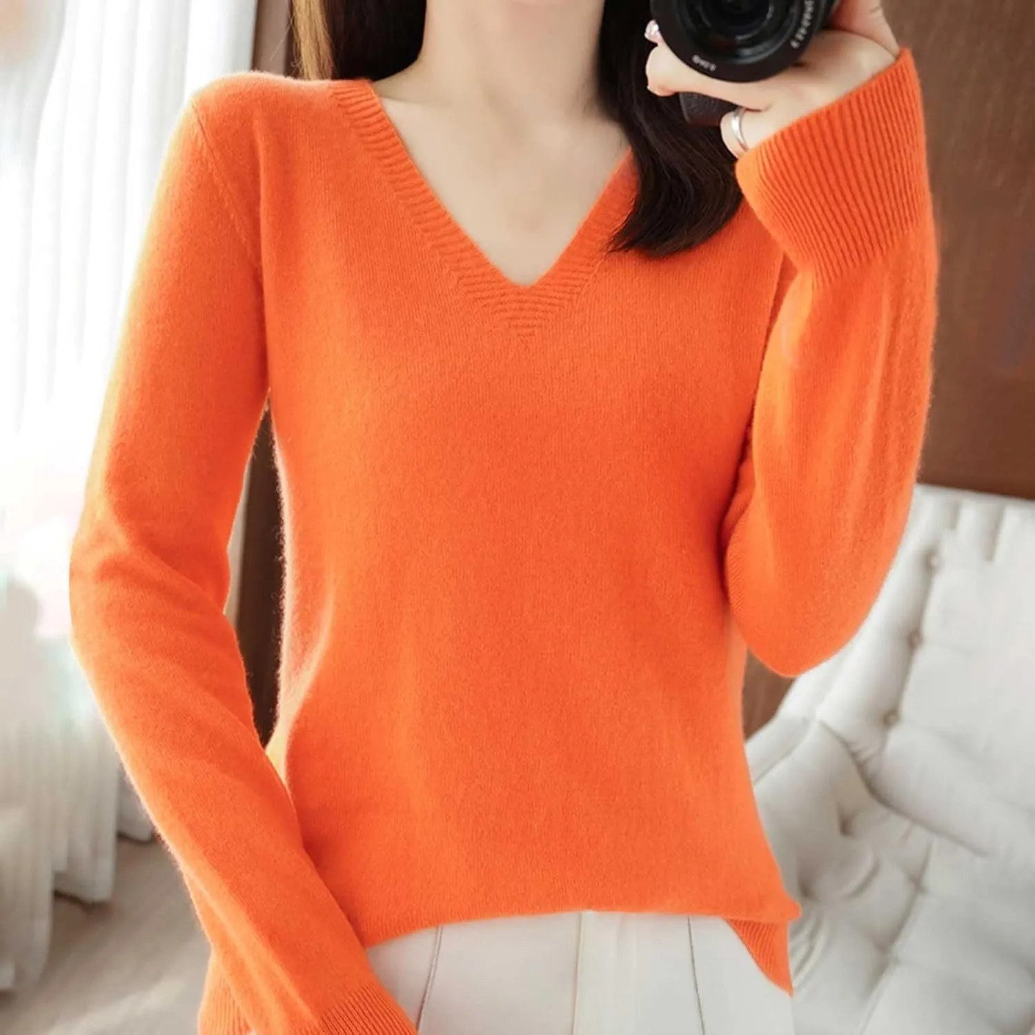 Sweaters for Women Cable Knit Long Sleeve Pullover V Neck Shirt Sweatshirt Slim Fitted Undershirt Fall Casual Top