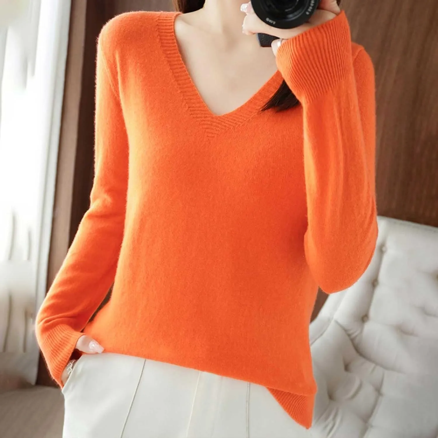 Sweaters for Women Cable Knit Long Sleeve Pullover V Neck Shirt Sweatshirt Slim Fitted Undershirt Fall Casual Top