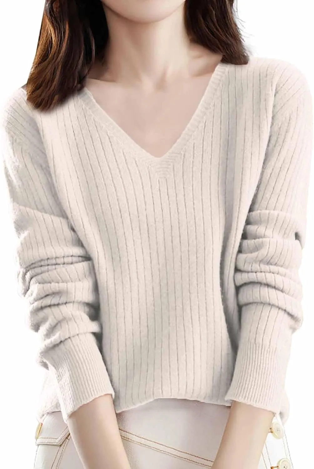 Sweaters for Women Knit Pullover Sweater V Neck Blouse Plain Color Long Sleeve Sweatshirt Slim Fitted Undershirt Top