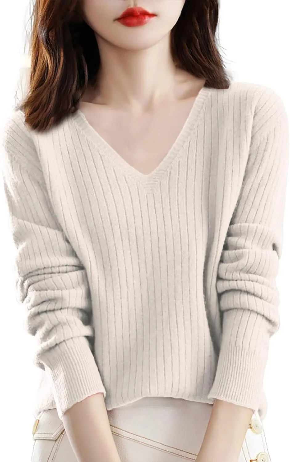 Sweaters for Women Knit Pullover Sweater V Neck Blouse Plain Color Long Sleeve Sweatshirt Slim Fitted Undershirt Top