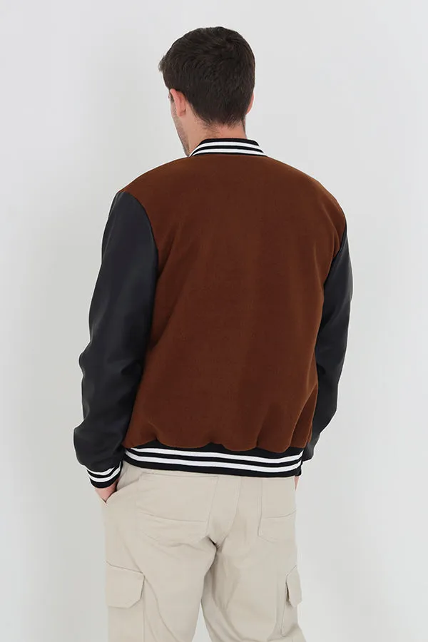 TAN/BLACK BUTTON THROUGH VARSITY STYLE JACKET