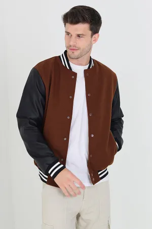 TAN/BLACK BUTTON THROUGH VARSITY STYLE JACKET