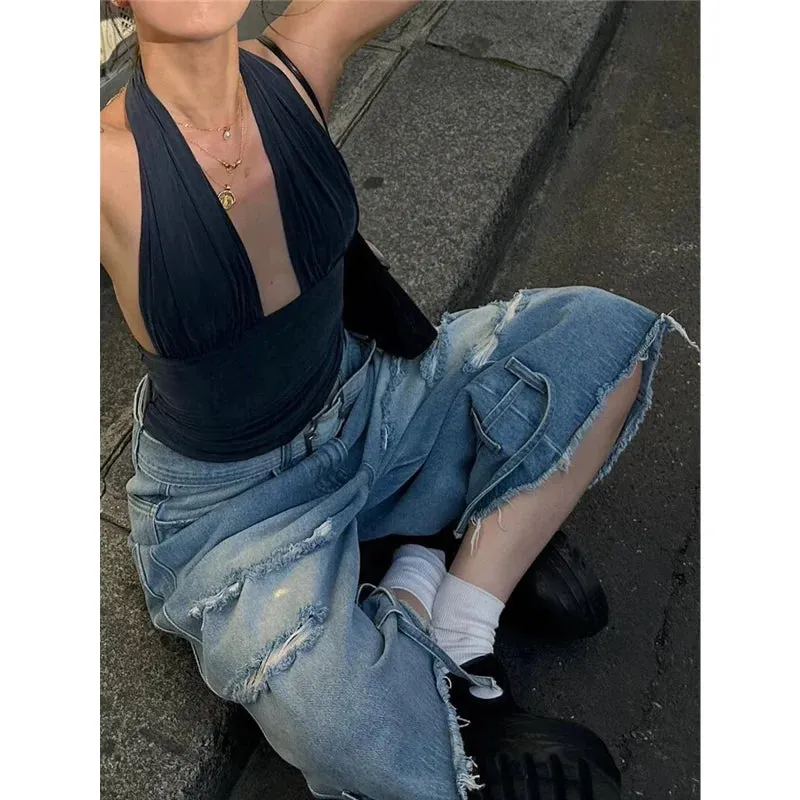 TAVIMART  -  Women's Short Summer Hip Hop High Waist Jeans Y2K Straight Calf-Length Pants Trousers Streetwear Vintage Wide Leg Denim Shorts