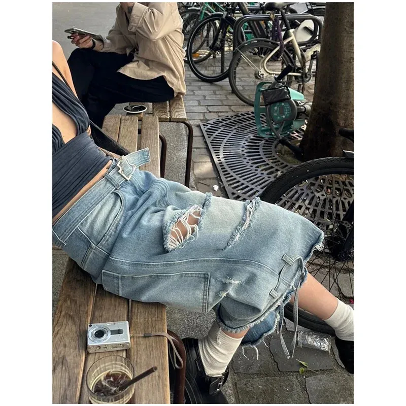 TAVIMART  -  Women's Short Summer Hip Hop High Waist Jeans Y2K Straight Calf-Length Pants Trousers Streetwear Vintage Wide Leg Denim Shorts
