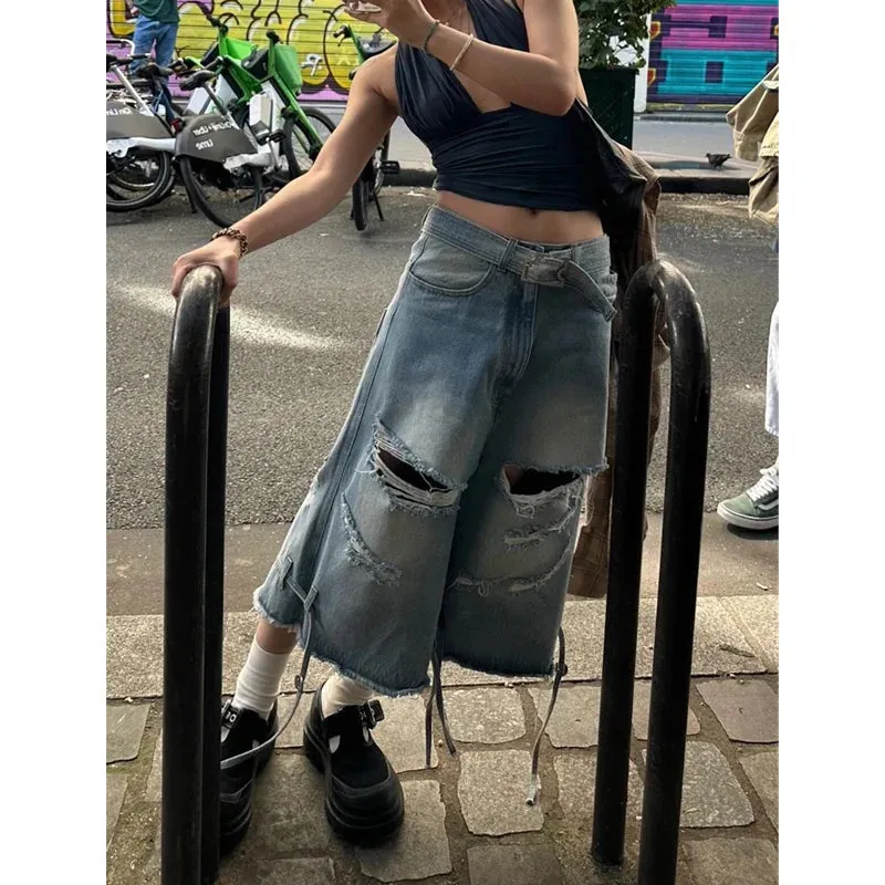TAVIMART  -  Women's Short Summer Hip Hop High Waist Jeans Y2K Straight Calf-Length Pants Trousers Streetwear Vintage Wide Leg Denim Shorts