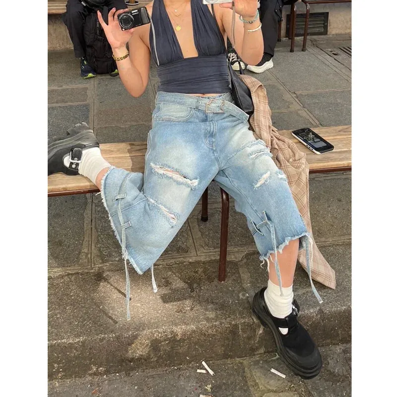 TAVIMART  -  Women's Short Summer Hip Hop High Waist Jeans Y2K Straight Calf-Length Pants Trousers Streetwear Vintage Wide Leg Denim Shorts