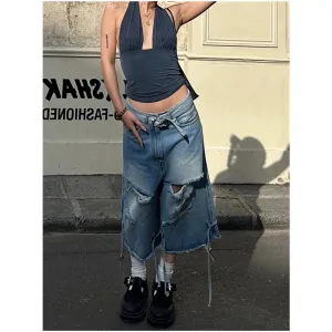 TAVIMART  -  Women's Short Summer Hip Hop High Waist Jeans Y2K Straight Calf-Length Pants Trousers Streetwear Vintage Wide Leg Denim Shorts