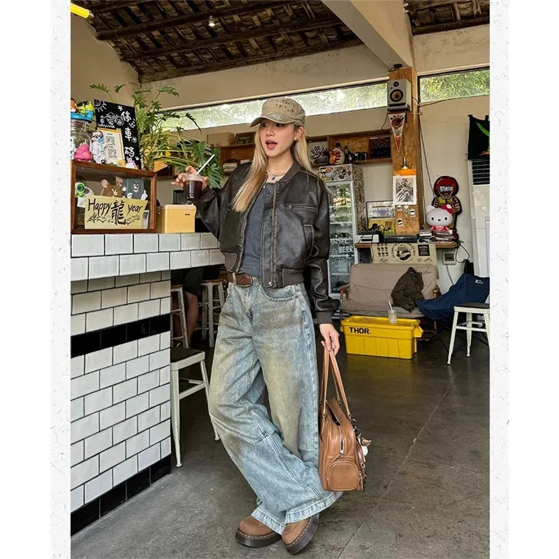 TAVIMART  -  Women's Street Casual 2000s Pants Baggy Y2K Wide Leg Washed Grunge Denim Trouser American Vintage High Waist Straight Emo Jeans