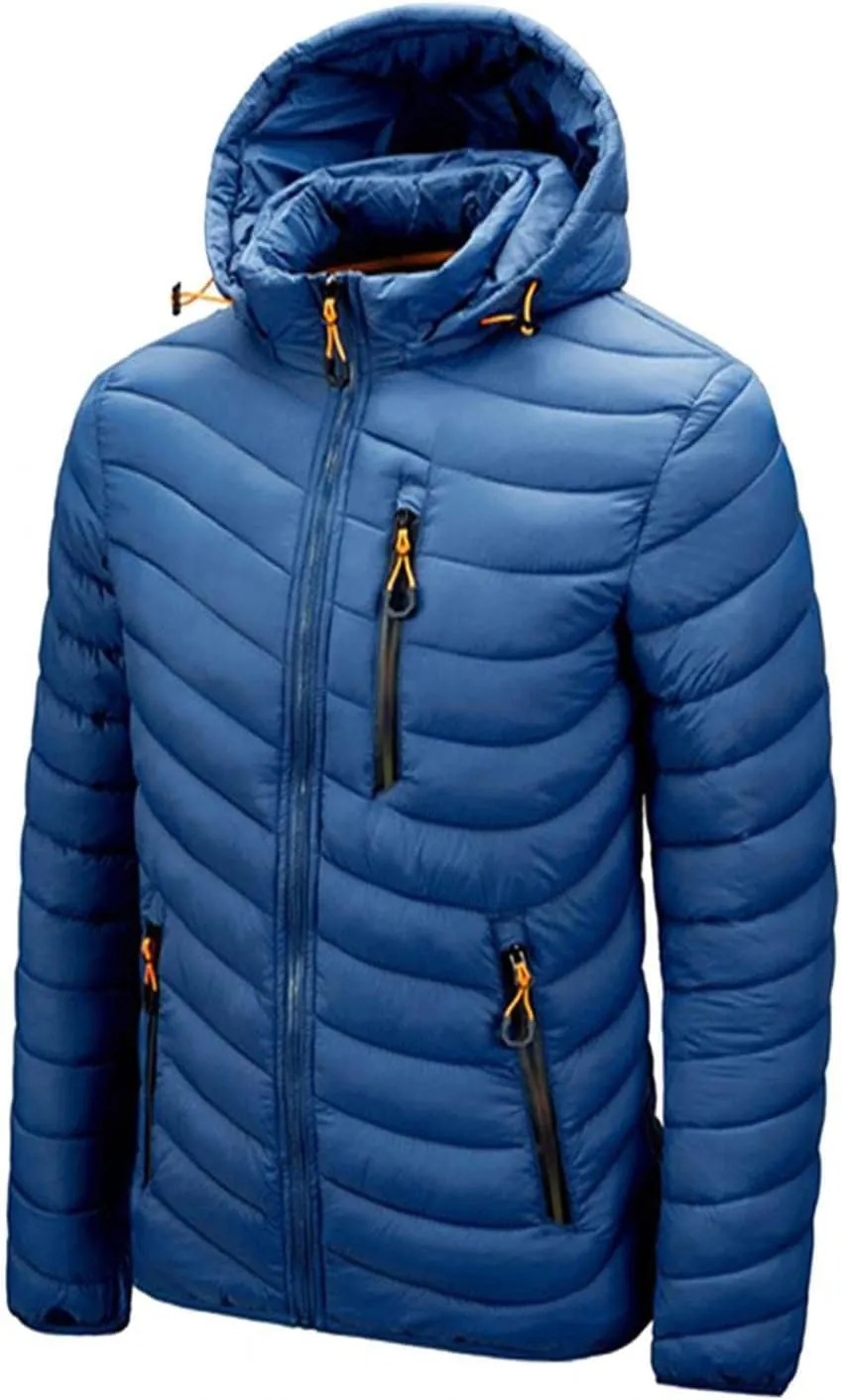 Thatrich Mens Lightweight Puffer Jacket with Hood Removable Hooded Jacket Zip Up Long Sleeve Water-Resistant Winter Outerwear