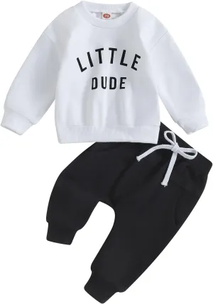 Toddler Baby Boy Clothes Little Dude Fall Winter Clothing Letter Long Sleeve Sweatshirt Pants Set Sweatsuit