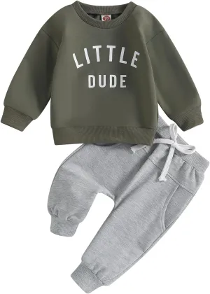 Toddler Baby Boy Clothes Little Dude Fall Winter Clothing Letter Long Sleeve Sweatshirt Pants Set Sweatsuit