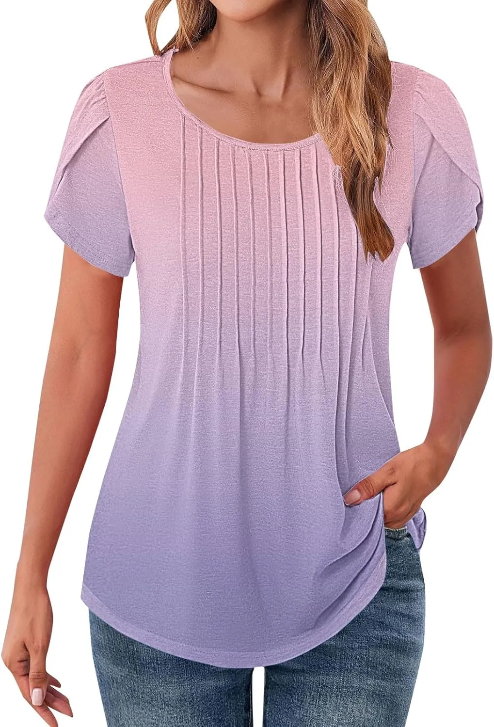 Tops for Women Trendy Short Sleeves Pleated Crewneck Tunic Blouses Solid Gradient Graphic Tees Summer Shirts
