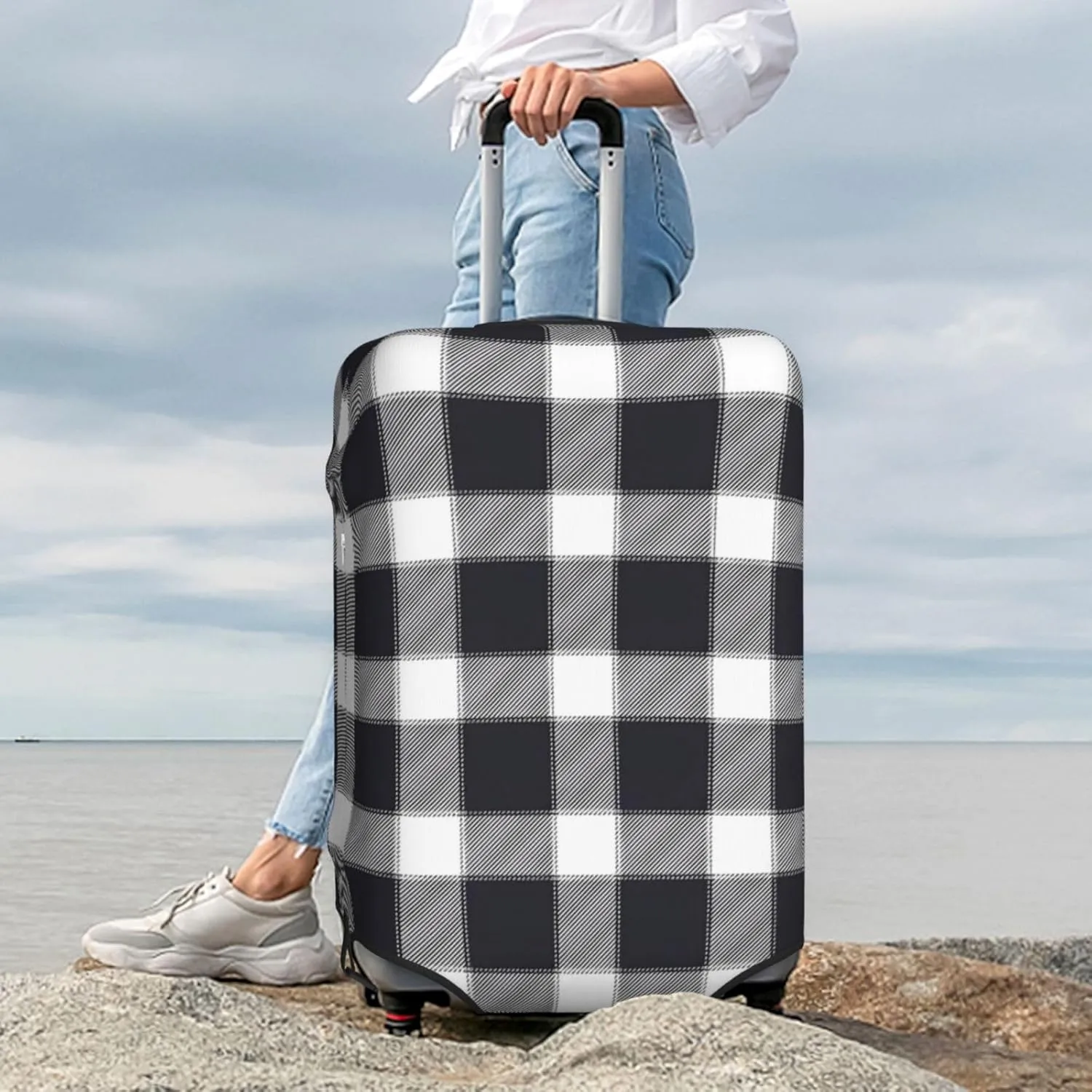 Travel Luggage Cover Suitcase Protector Bag, Black White Checked Dust-Proof Fits 18-32 Inch Luggage, Suitcase Sleeve For Kid And Adult,Small