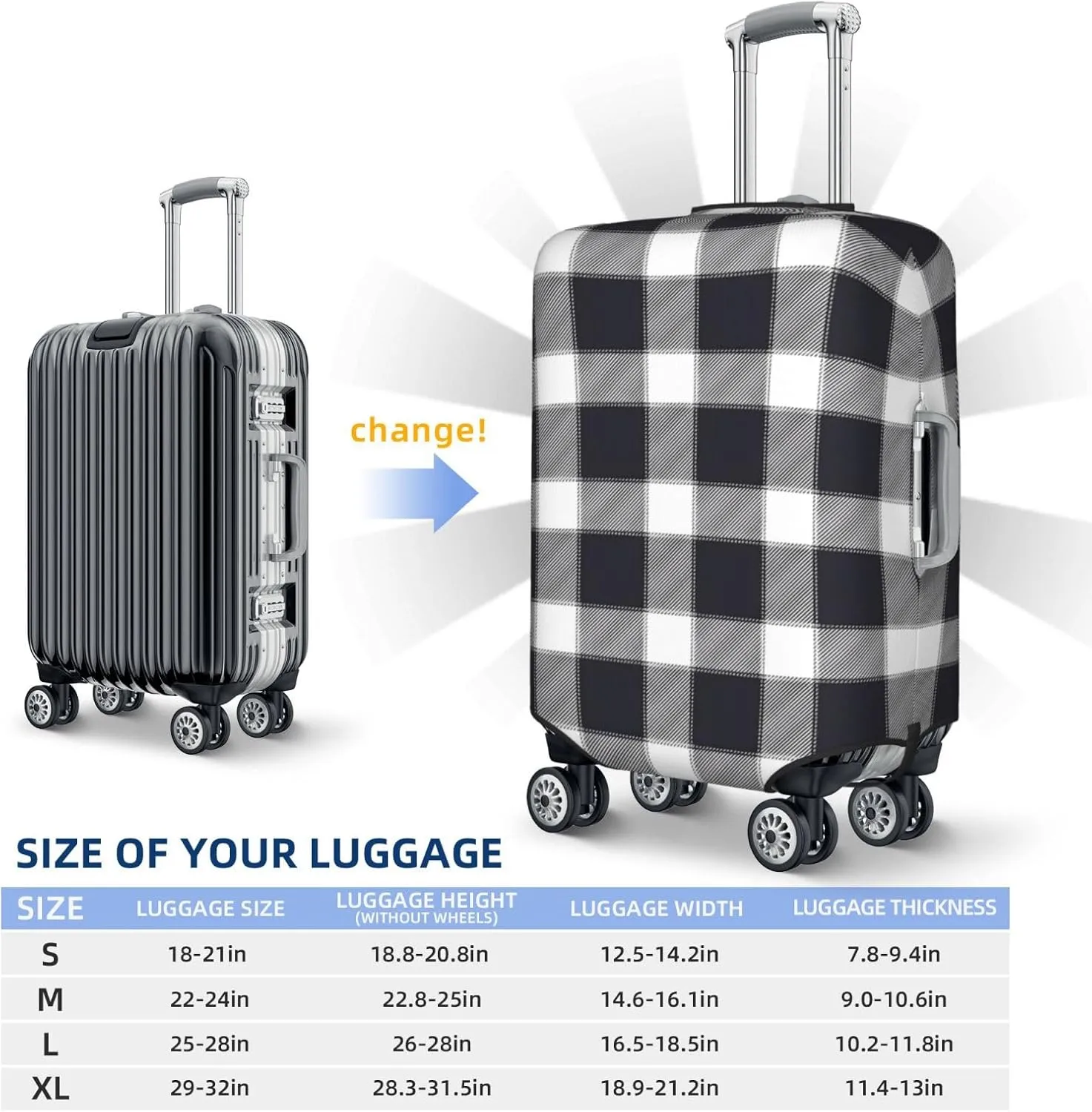 Travel Luggage Cover Suitcase Protector Bag, Black White Checked Dust-Proof Fits 18-32 Inch Luggage, Suitcase Sleeve For Kid And Adult,Small