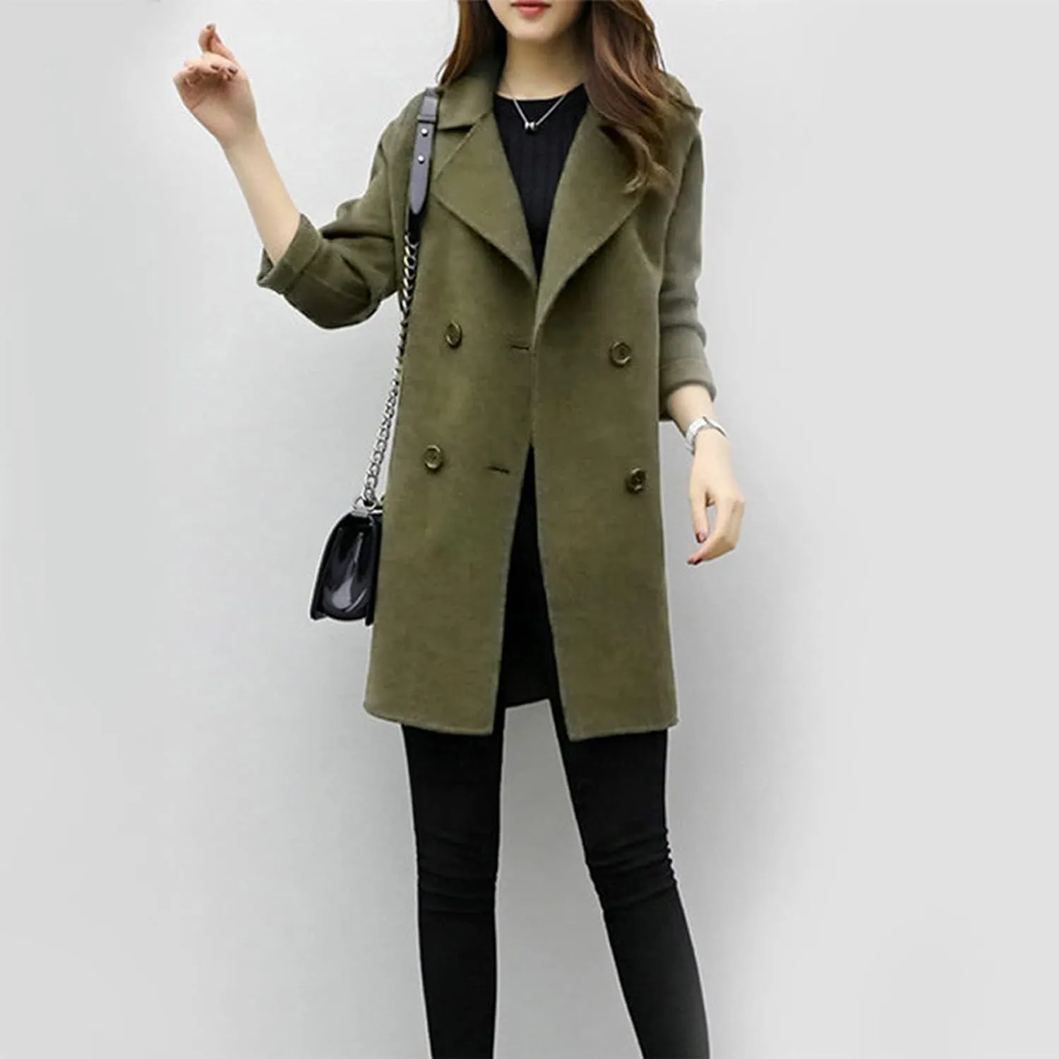 Trench Coat for Women 2024 Fall Classic Notch Lapel Double Breasted Pea Coats Midi Long Trench Coat Overcoat