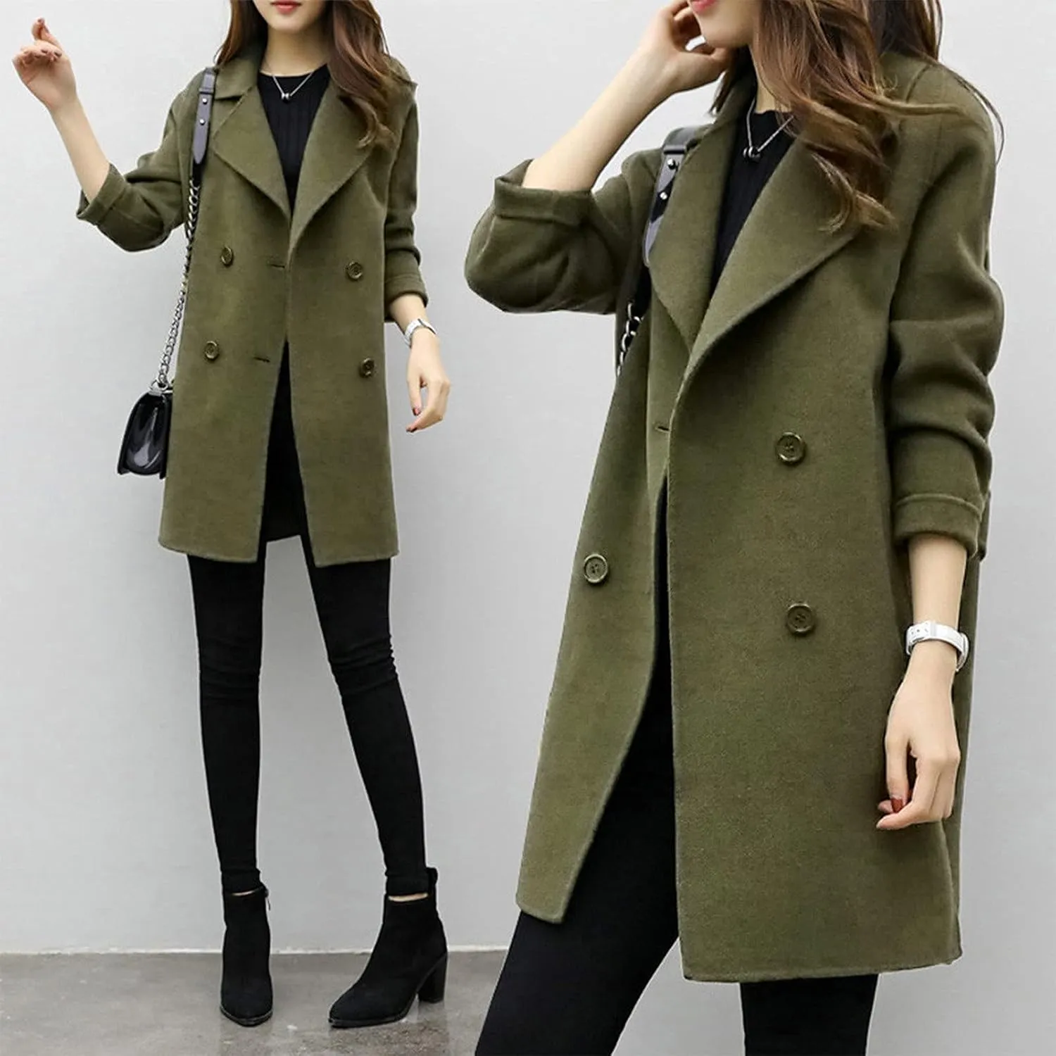 Trench Coat for Women 2024 Fall Classic Notch Lapel Double Breasted Pea Coats Midi Long Trench Coat Overcoat