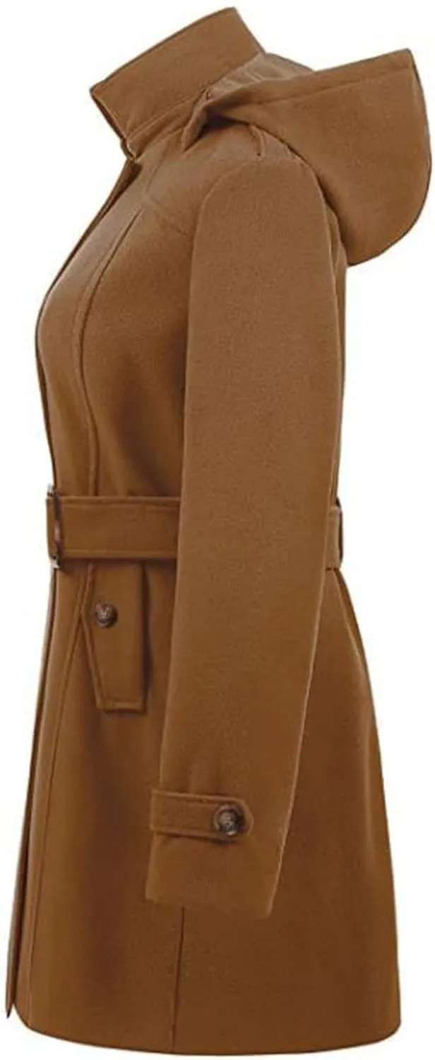Trench Coat for Women Classic Lapel Collar Double Breasted Pea Coats Mid Length Winter Warm Wool Coats with Hood