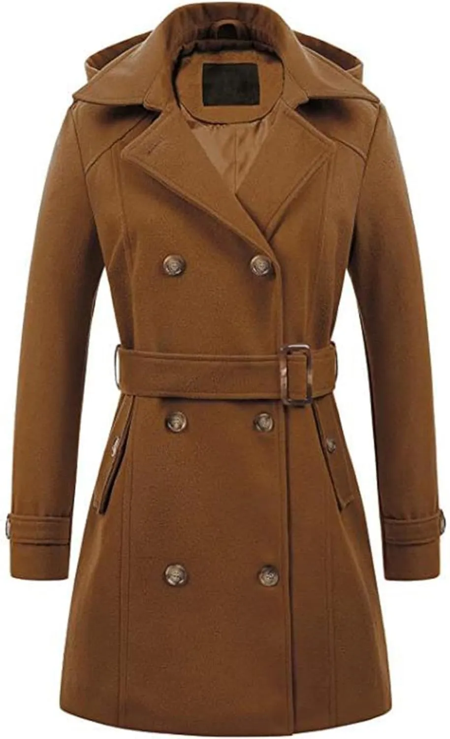 Trench Coat for Women Classic Lapel Collar Double Breasted Pea Coats Mid Length Winter Warm Wool Coats with Hood