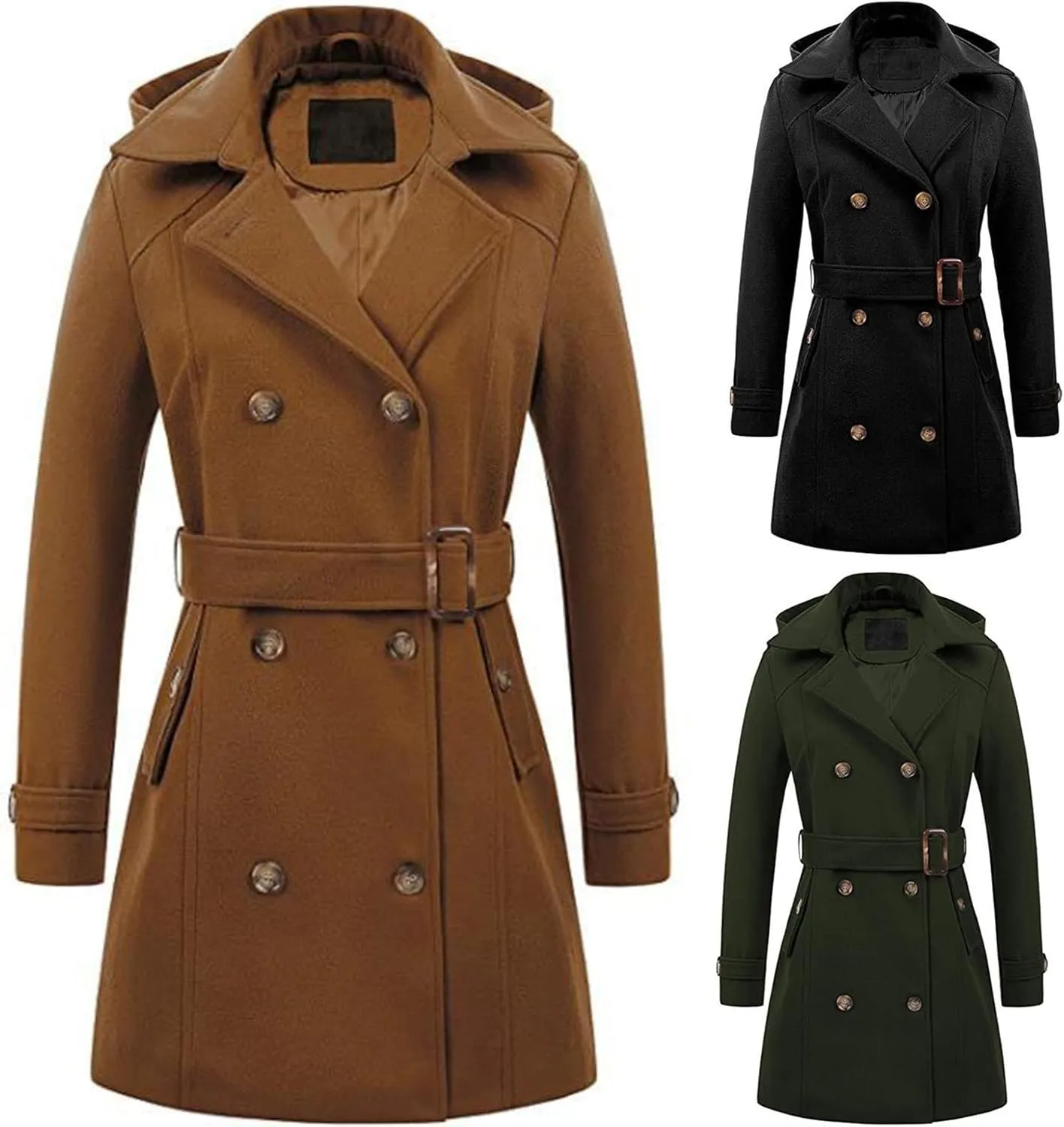 Trench Coat for Women Classic Lapel Collar Double Breasted Pea Coats Mid Length Winter Warm Wool Coats with Hood
