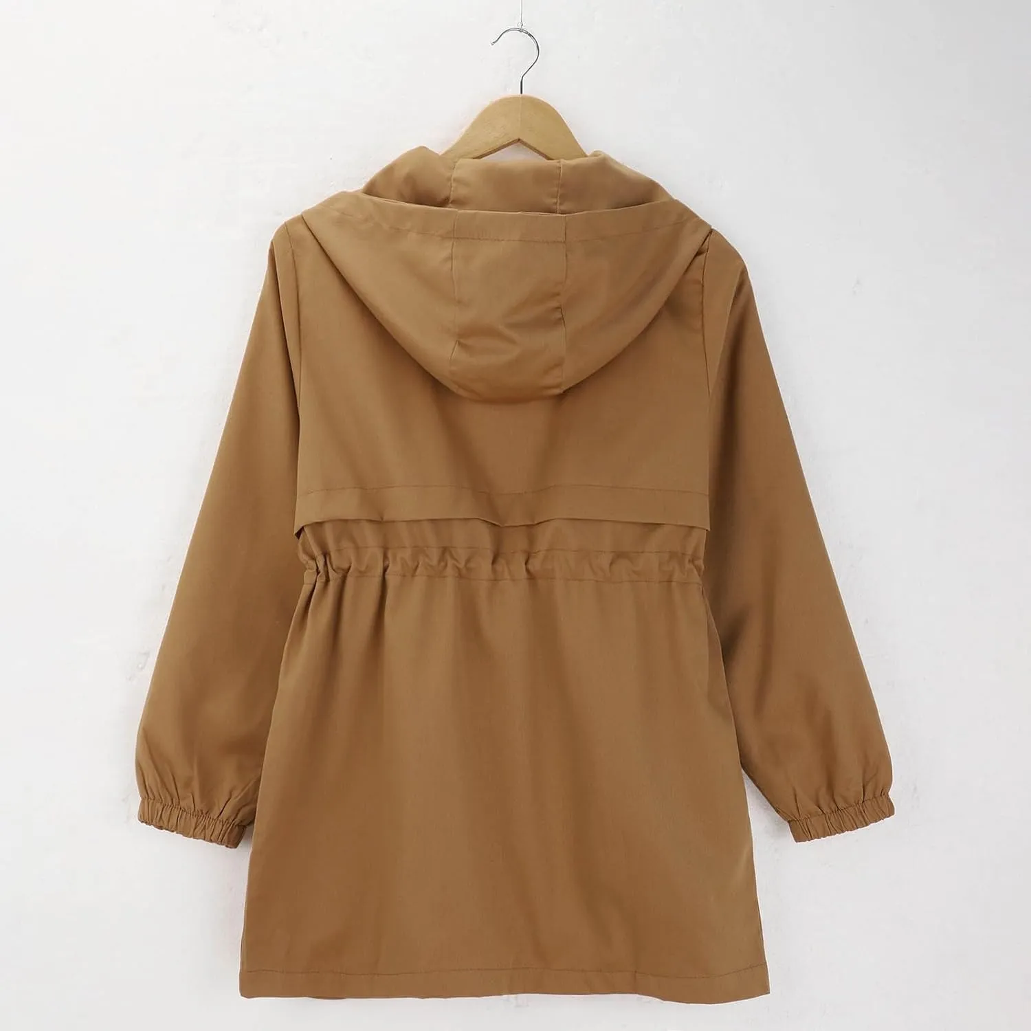 Trench Coat With Hood Women with Pockets Mid Length Windbreaker Casual Plus Size Drawstring Waist Zip Outdoor Jackets