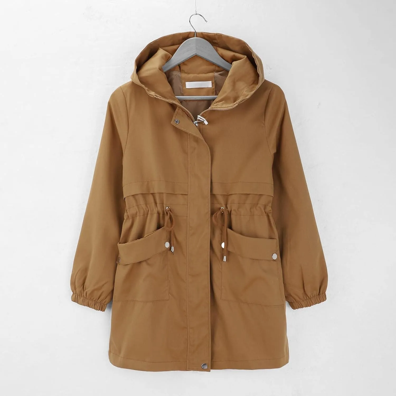 Trench Coat With Hood Women with Pockets Mid Length Windbreaker Casual Plus Size Drawstring Waist Zip Outdoor Jackets