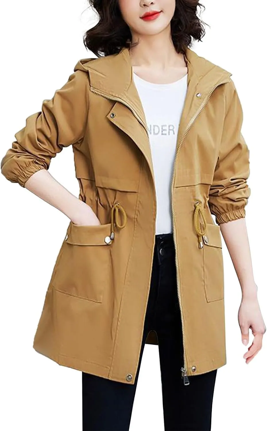 Trench Coat With Hood Women with Pockets Mid Length Windbreaker Casual Plus Size Drawstring Waist Zip Outdoor Jackets