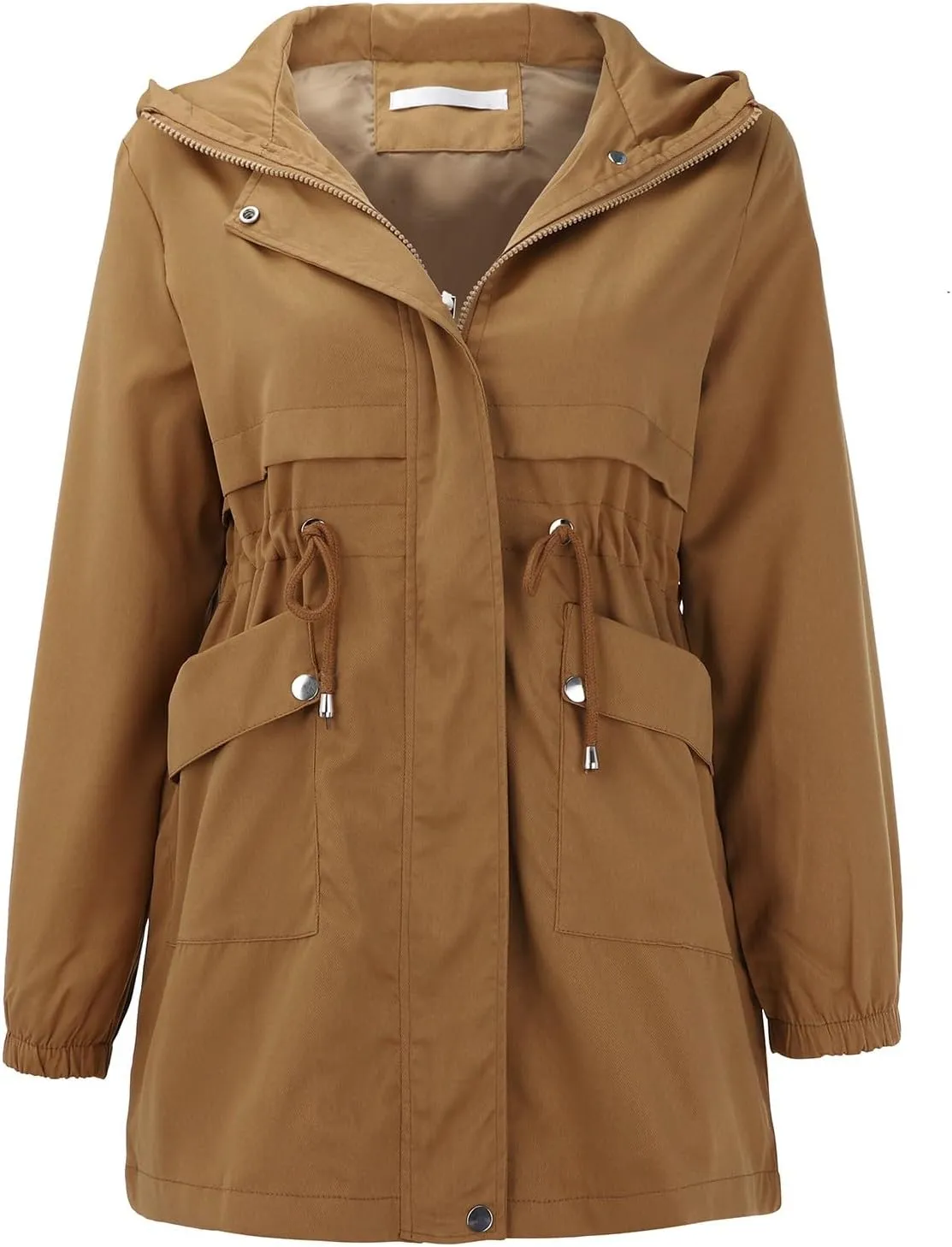Trench Coat With Hood Women with Pockets Mid Length Windbreaker Casual Plus Size Drawstring Waist Zip Outdoor Jackets