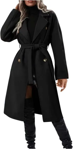 Trench Coat Women Lapel Collar Double Breasted Wool Blend Coats Winter Pocketed Pea Overcoat Outwear with Belt