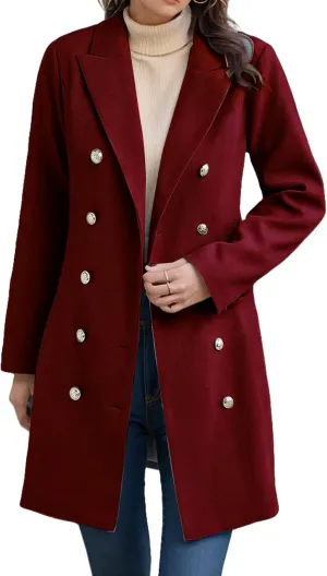 Trench Coat Women Notch Lapel Double Breasted Peacoat Winter Warm Mid Length Coat Wool Blend Cardigan Jackets Outwear