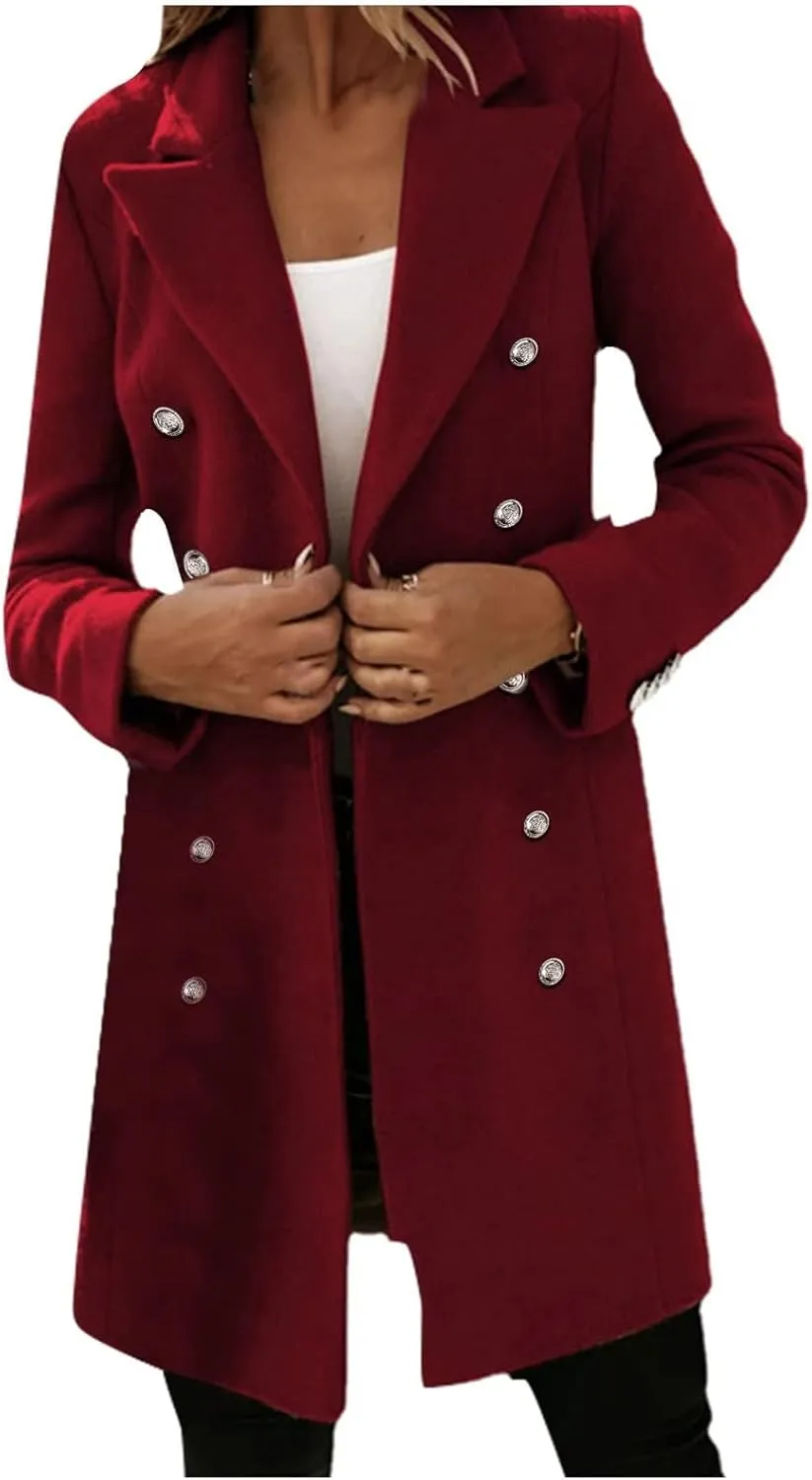 Trench Coat Women Notch Lapel Double Breasted Peacoat Winter Warm Mid Length Coat Wool Blend Cardigan Jackets Outwear