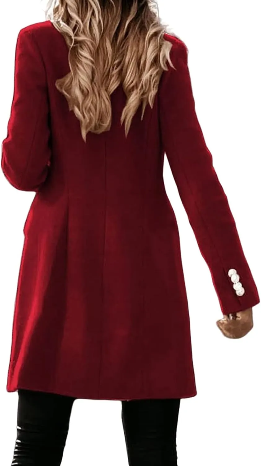 Trench Coat Women Notch Lapel Double Breasted Peacoat Winter Warm Mid Length Coat Wool Blend Cardigan Jackets Outwear