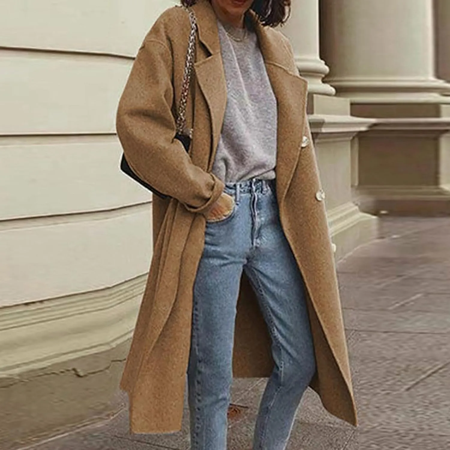 Trench Coats for Women Winter Wool Blend Camel Mid-Long Coat Double-Breasted Notch Lapel Collared Jackets Outwear