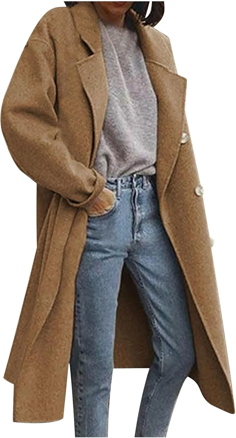 Trench Coats for Women Winter Wool Blend Camel Mid-Long Coat Double-Breasted Notch Lapel Collared Jackets Outwear