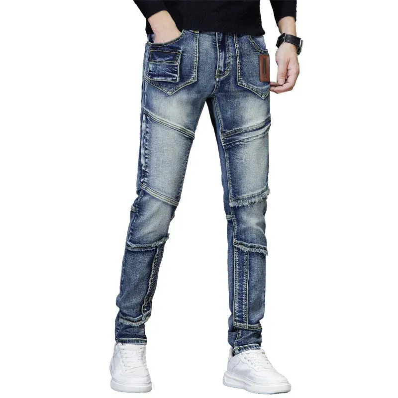 Trendy Men’s Retro Embroidered Jeans - Slim Fit Straight Denim Pants with Splicing Design