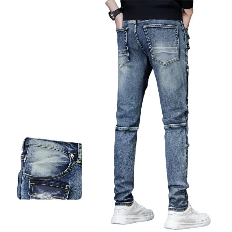 Trendy Men’s Retro Embroidered Jeans - Slim Fit Straight Denim Pants with Splicing Design
